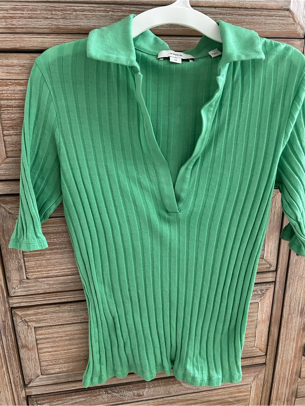 Vince Mint Green Ribbed Short-Sleeve Polo Top